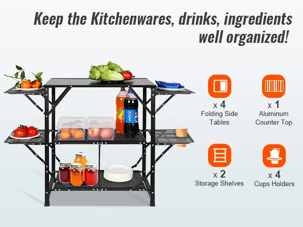 Mesa de cocina de camping VEVOR con encimera de aluminio, mesas auxiliares plegables y estantes de almacenamiento.