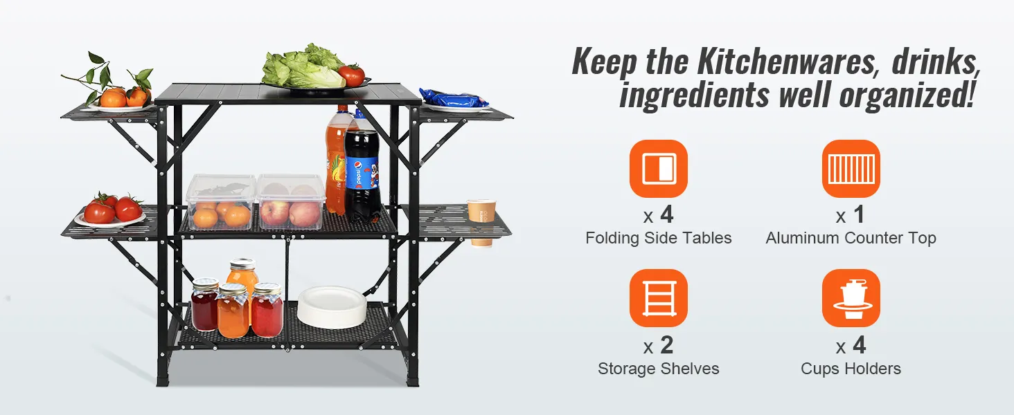 Mesa de cocina de camping VEVOR con encimera de aluminio, mesas auxiliares plegables y estantes de almacenamiento.