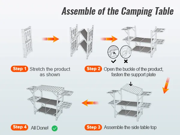 Pasos de montaje de la mesa de cocina de camping VEVOR: extender, abrochar, montar la mesa y listo.