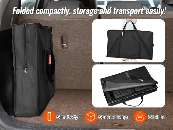Mesa de cocina para camping VEVOR, plegada de forma compacta en el maletero del coche, mostrando portabilidad y diseño que ahorra espacio.
