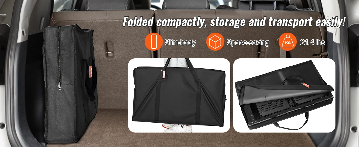 Mesa de cocina para camping VEVOR, plegada de forma compacta en el maletero del coche, mostrando portabilidad y diseño que ahorra espacio.