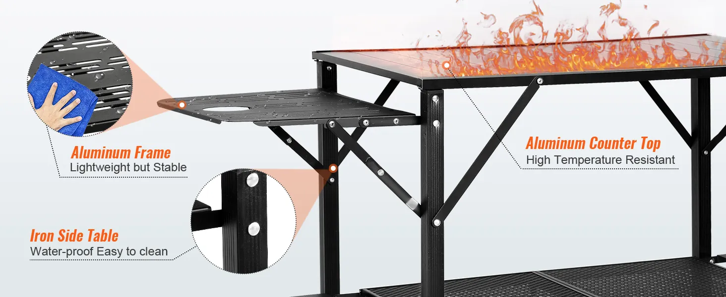 Mesa de cocina para camping VEVOR con marco de aluminio, encimera resistente a altas temperaturas y mesa auxiliar de hierro resistente al agua.