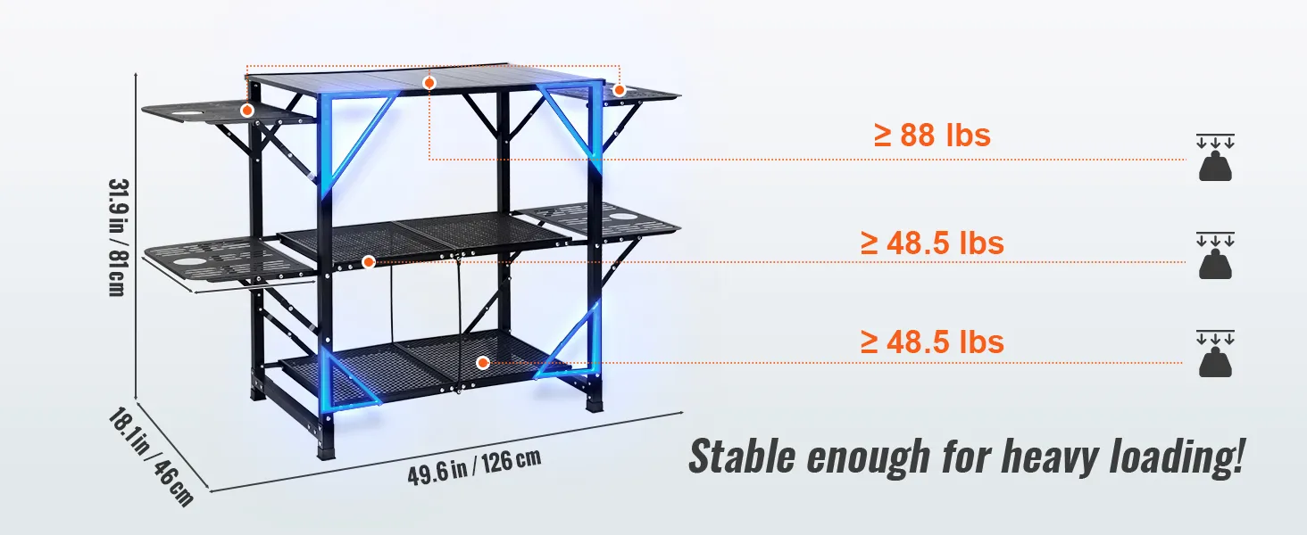 Mesa de cocina para camping VEVOR con tres estantes, color negro, 125 cm de largo, 80 cm de alto, soporta hasta 40 kg.