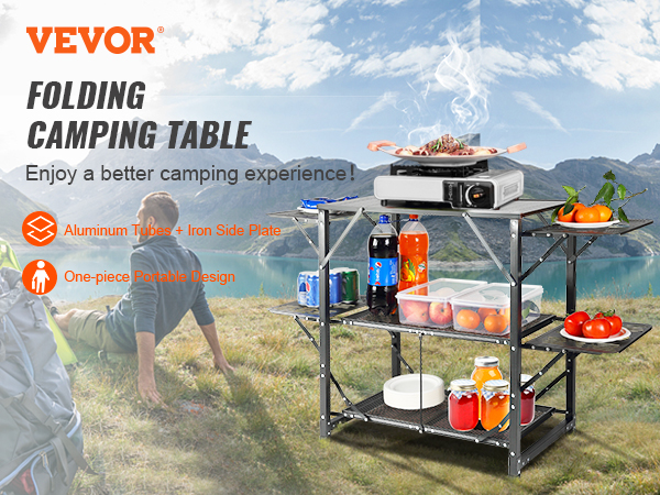 VEVOR Camping Kitchen Table, One-piece Folding Portable Cook