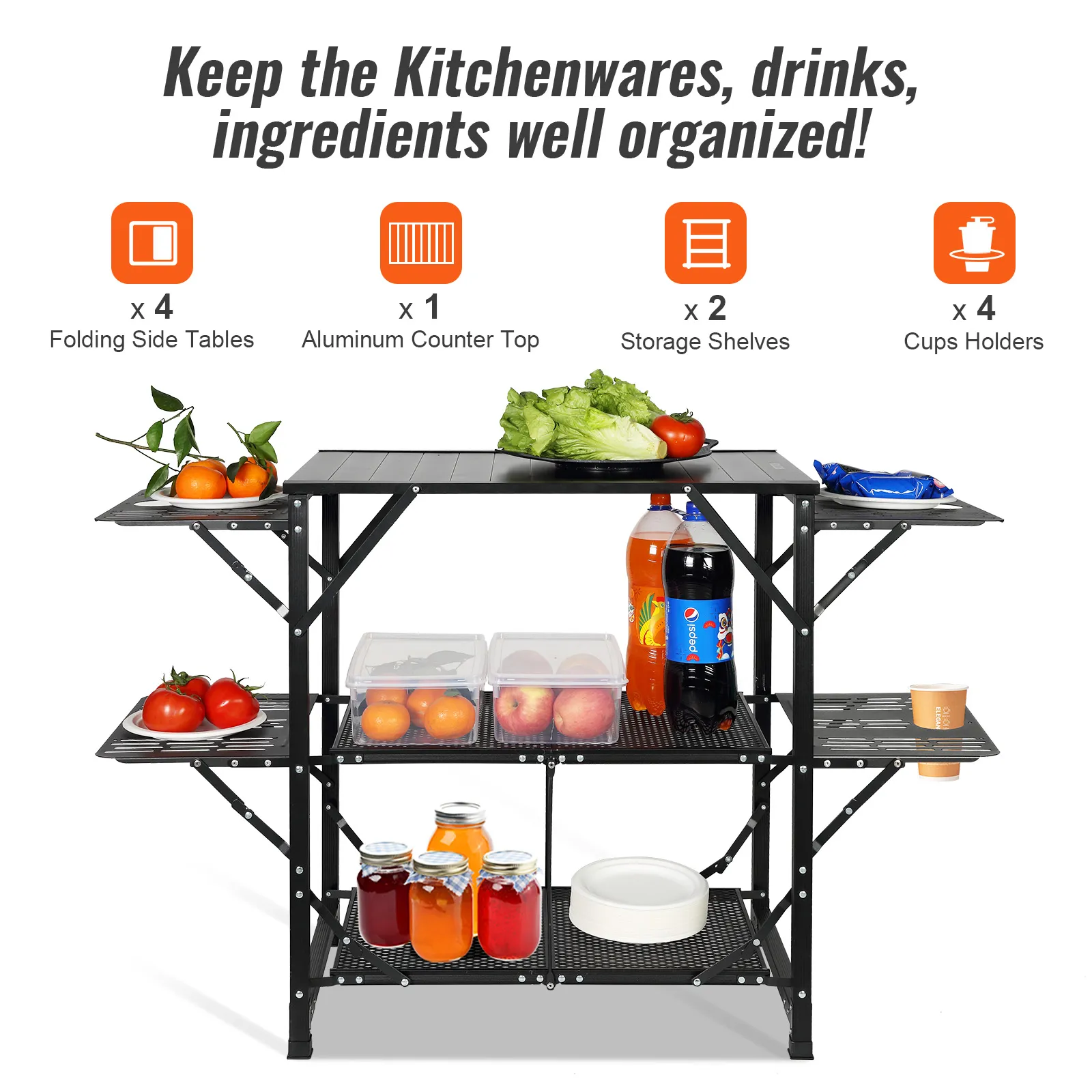 Mesa de cocina de camping VEVOR con mesas auxiliares plegables, mostrador de aluminio, estantes y portavasos.