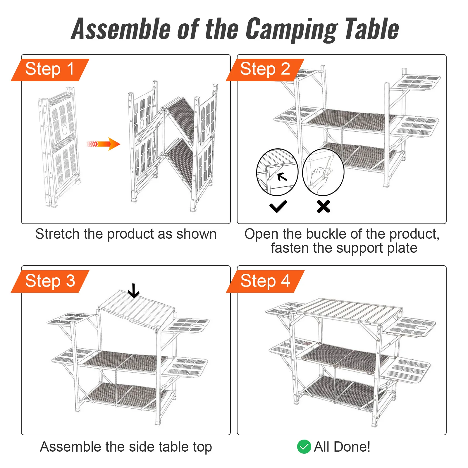 Instrucciones de montaje para la mesa de cocina de camping VEVOR con ilustración de instalación en cuatro pasos.