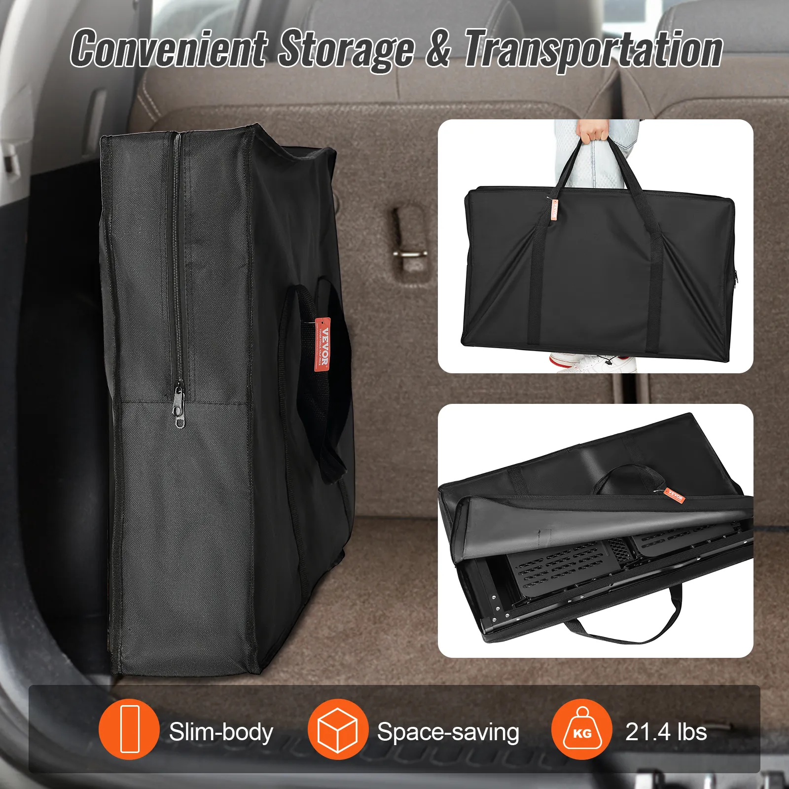 Mesa de cocina para acampar VEVOR en bolsa de transporte que presenta prácticas características de almacenamiento y transporte.