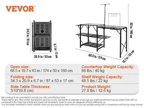 VEVOR camping kitchen table with storage shelves, foldable, dimensions, weight, and load capacities.