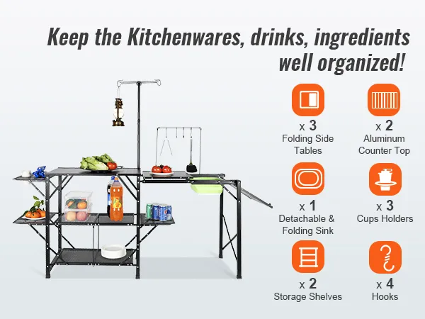 VEVOR camping kitchen table with folding side tables, shelves, aluminum countertop, and detachable sink