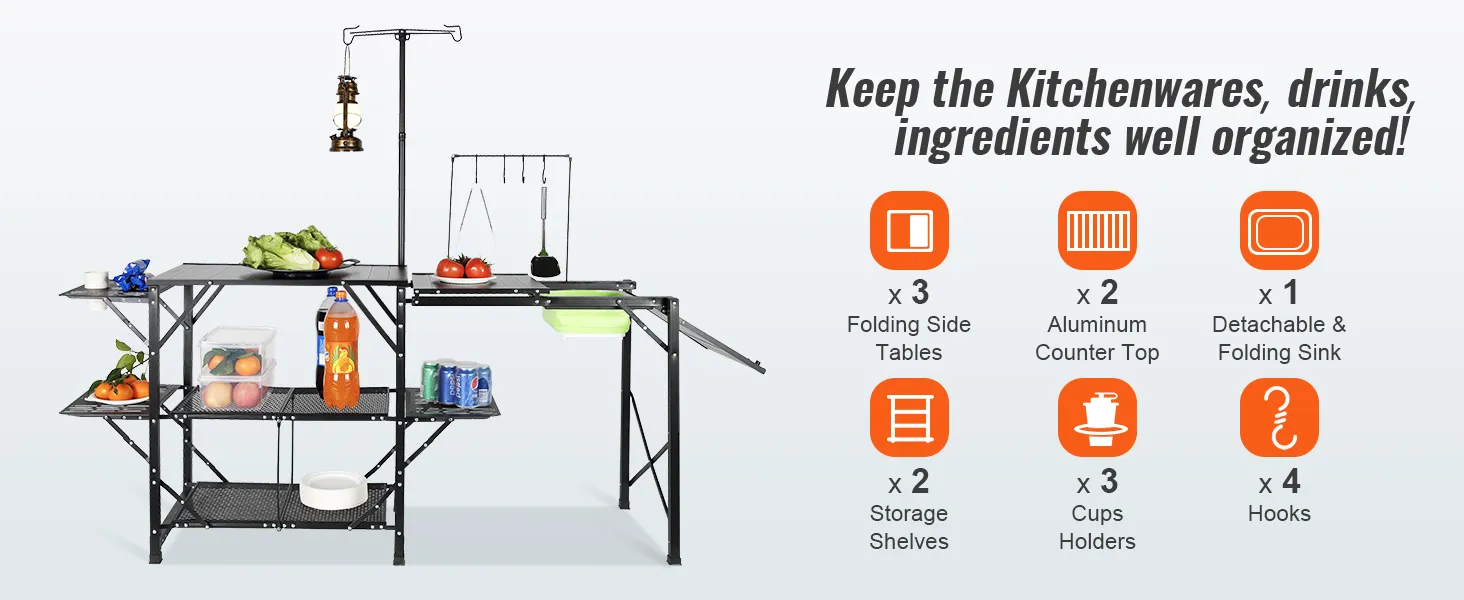 VEVOR camping kitchen table with folding side tables, shelves, aluminum countertop, and detachable sink