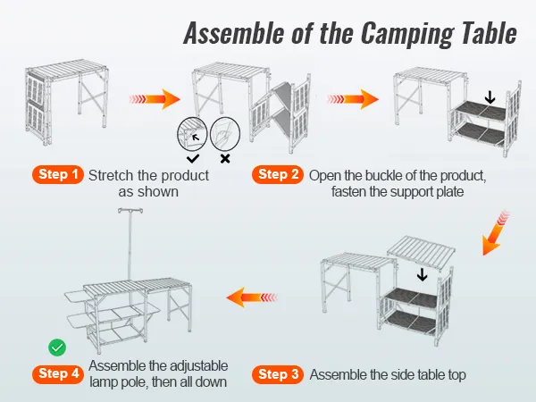 4-step guide to assemble VEVOR camping kitchen table with adjustable lamp pole and support plate.