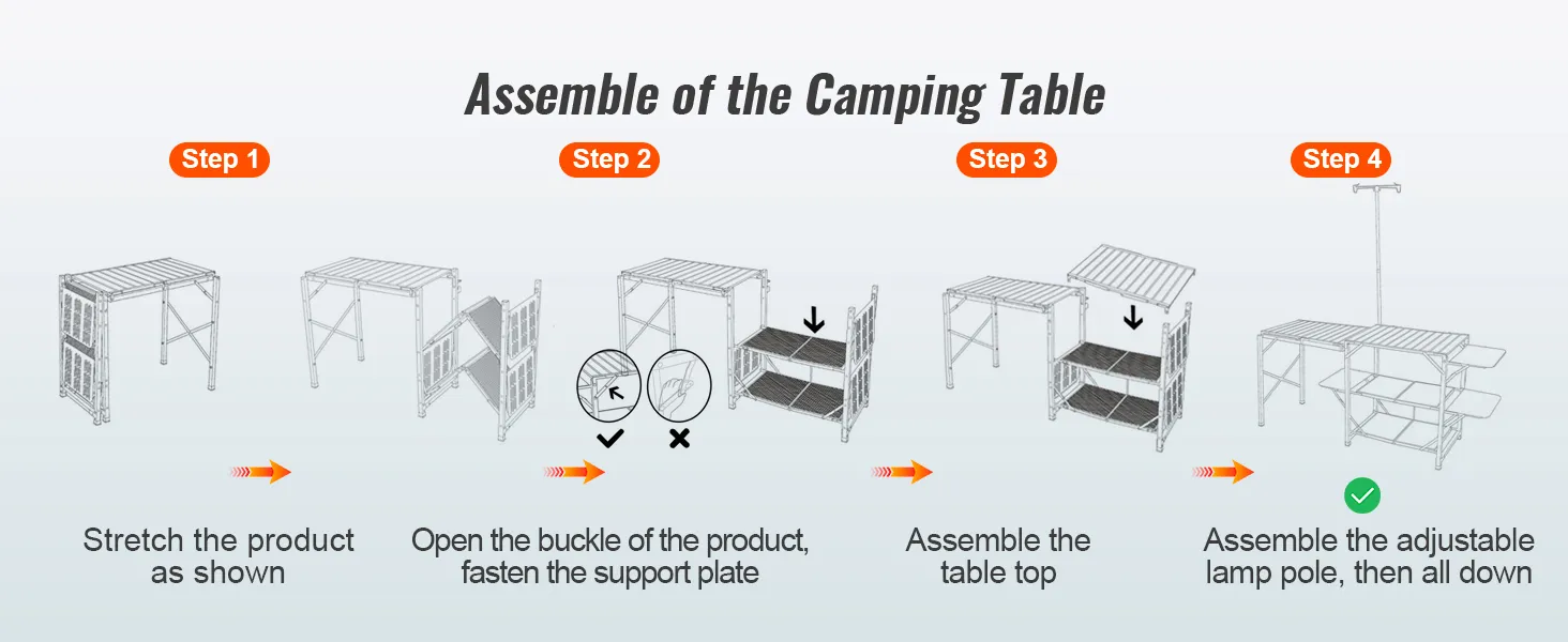 4-step guide to assemble VEVOR camping kitchen table with adjustable lamp pole and support plate.