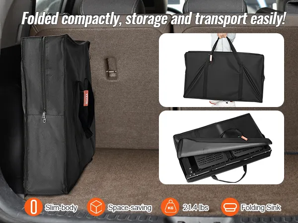 VEVOR camping kitchen table folded compactly in a car trunk for easy storage and transport.