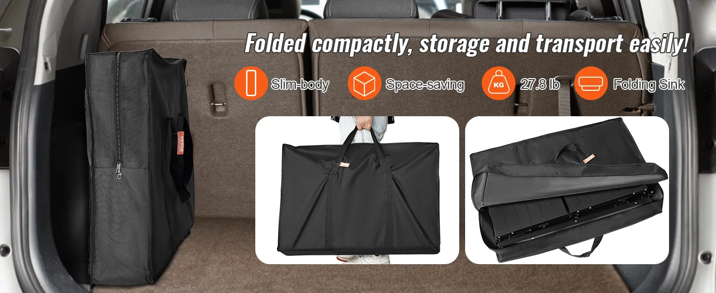 VEVOR camping kitchen table folded compactly in a car trunk for easy storage and transport.