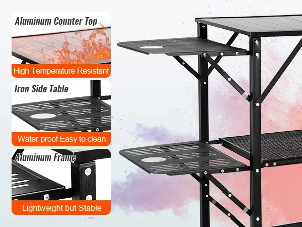 VEVOR camping kitchen table with high temperature-resistant aluminum countertop and waterproof iron side table.