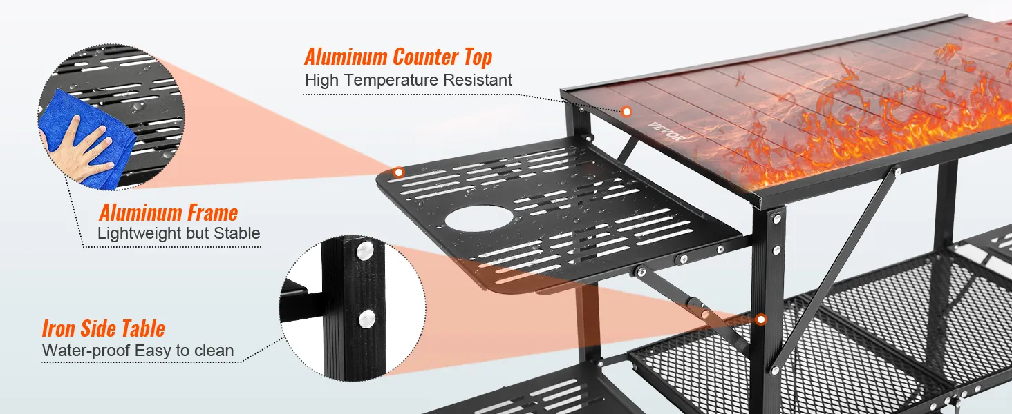 VEVOR camping kitchen table with high temperature-resistant aluminum countertop and waterproof iron side table.