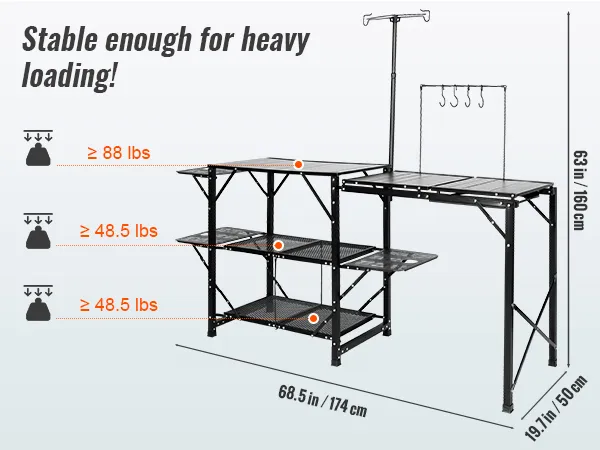 VEVOR camping kitchen table features high load capacity with dimensions and maximum weight clearly marked.