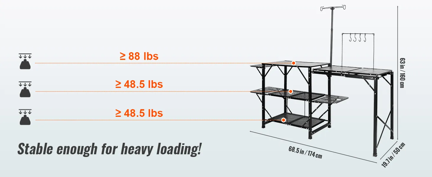 VEVOR camping kitchen table features high load capacity with dimensions and maximum weight clearly marked.