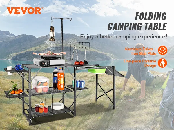 VEVOR camping kitchen table with shelves and gear in scenic mountain campsite. enjoy a better camping experience!