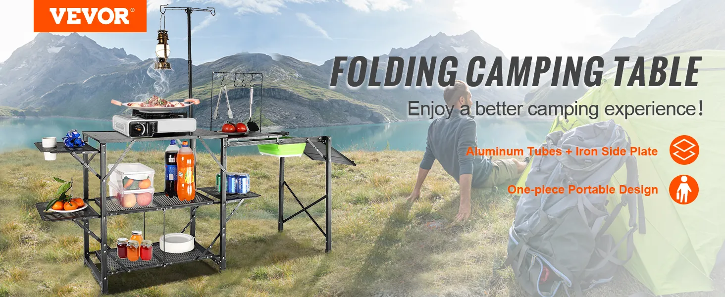 VEVOR camping kitchen table with shelves and gear in scenic mountain campsite. enjoy a better camping experience!