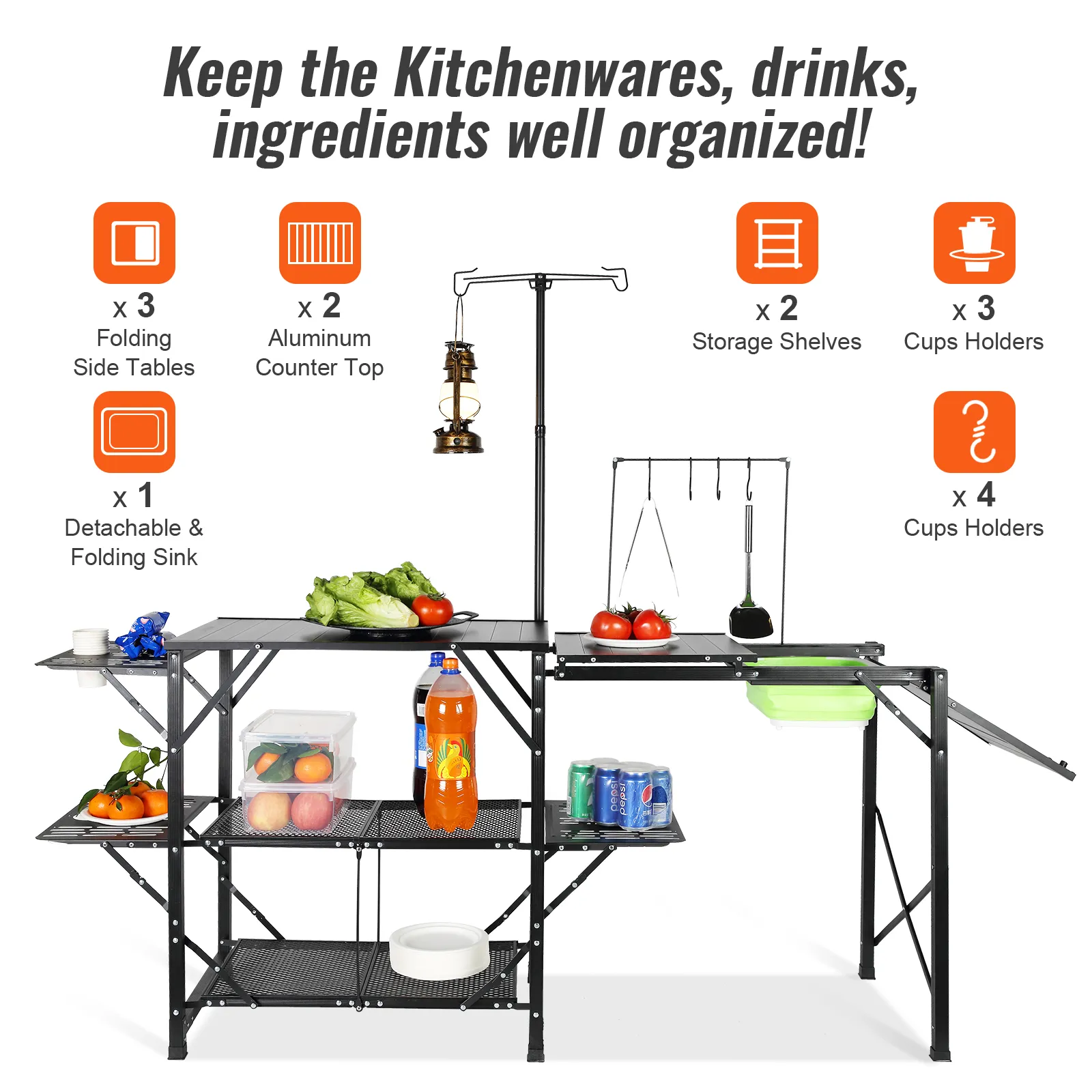 VEVOR camping kitchen table with folding side tables, aluminum countertop, shelves, and cup holders.