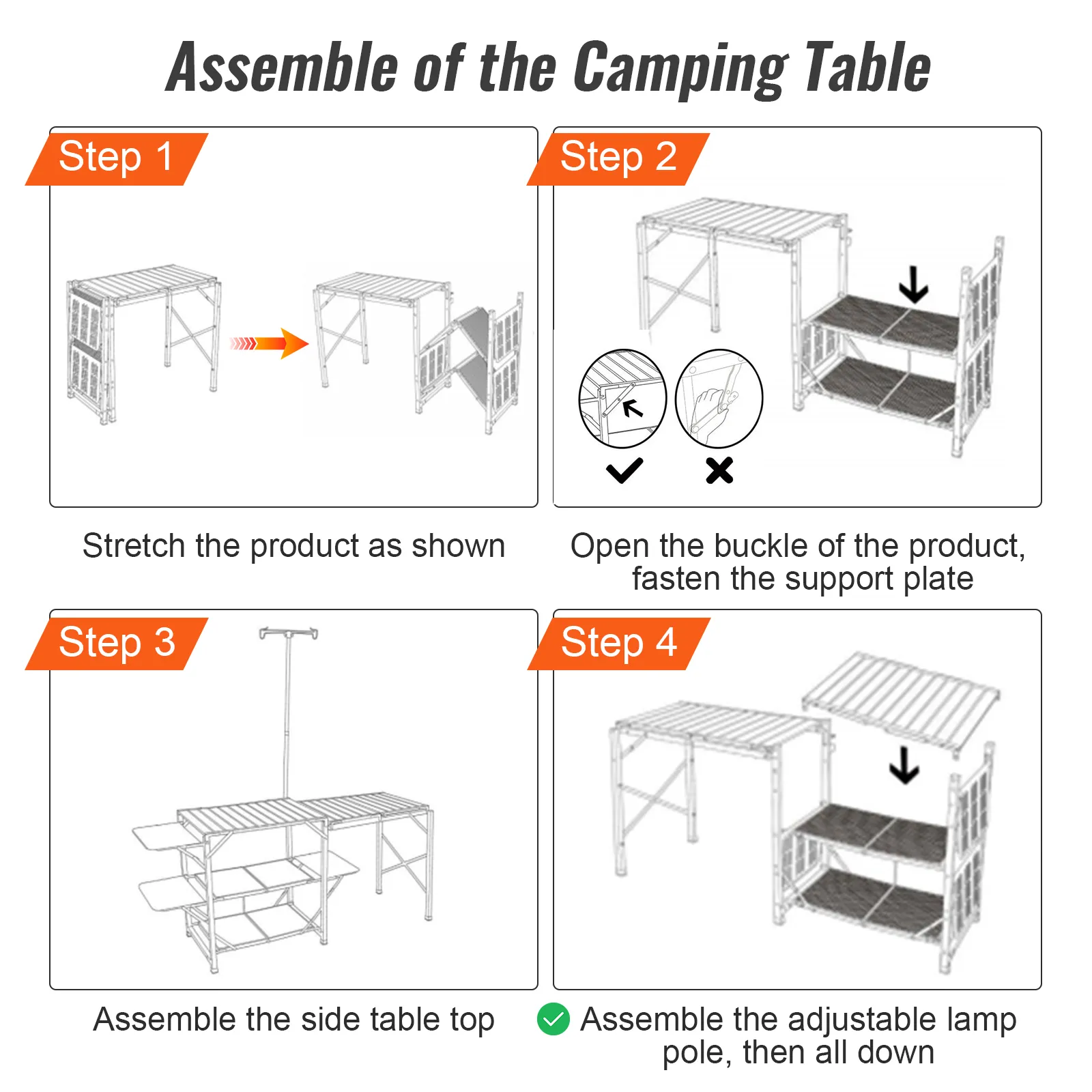 VEVOR camping kitchen table assembly: stretch product, fasten support plate, assemble side table, add lamp pole.