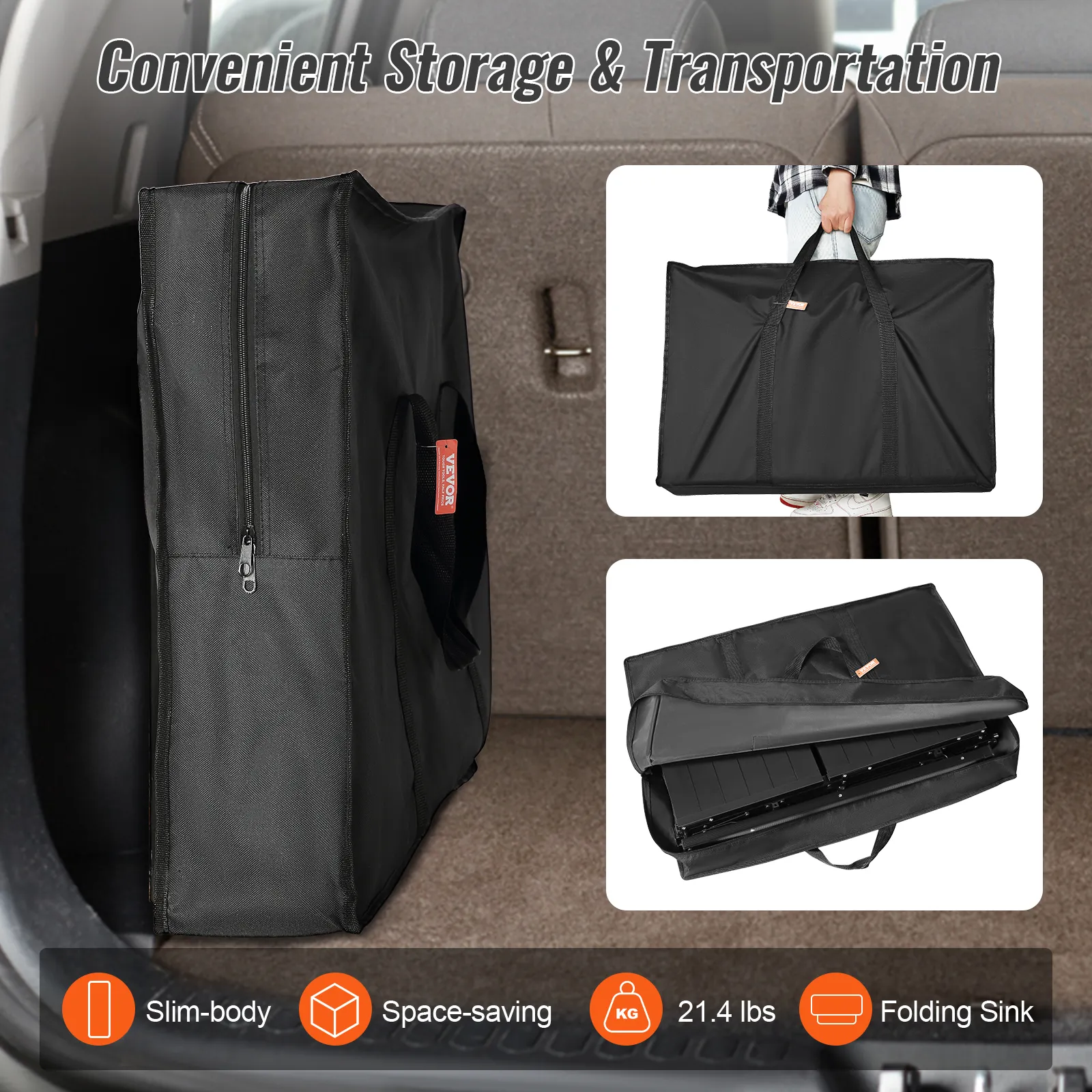 VEVOR camping kitchen table in a black carry bag, showcasing convenient storage and transportability.
