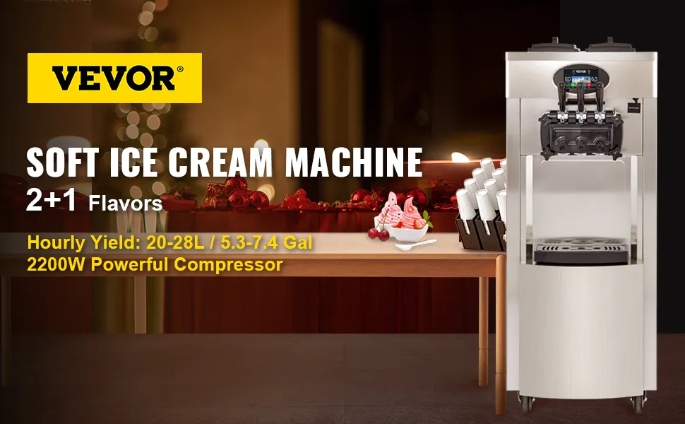 VEVOR soft ice cream machine with 2+1 flavors and 2200w compressor on display.