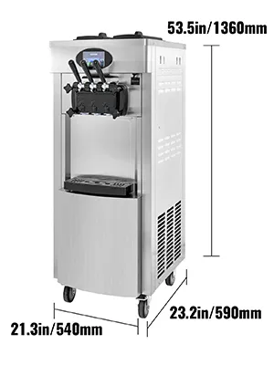 VEVOR soft ice cream machine with dimensions labeled: 53.5in/1360mm h, 23.2in/590mm w, 21.3in/540mm d.