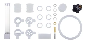 parts and accessories for VEVOR soft ice cream machine arranged neatly on a white background.