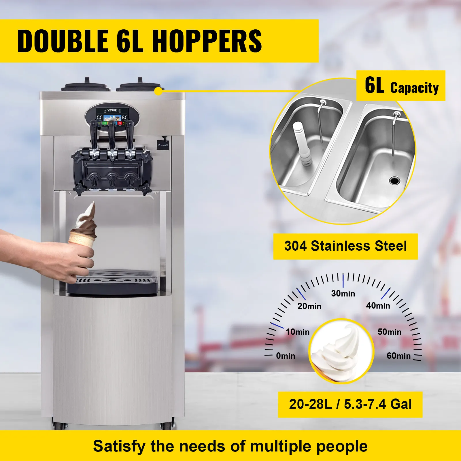 VEVOR soft ice cream machine with double 6l hoppers in 304 stainless steel.