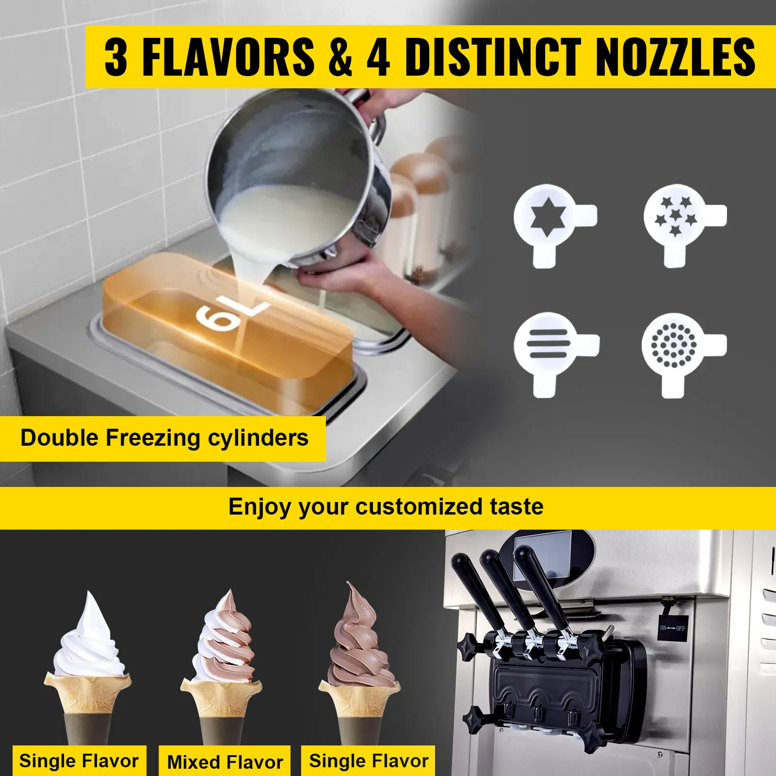 VEVOR soft ice cream machine featuring 3 flavors, 4 nozzles, and double freezing cylinders