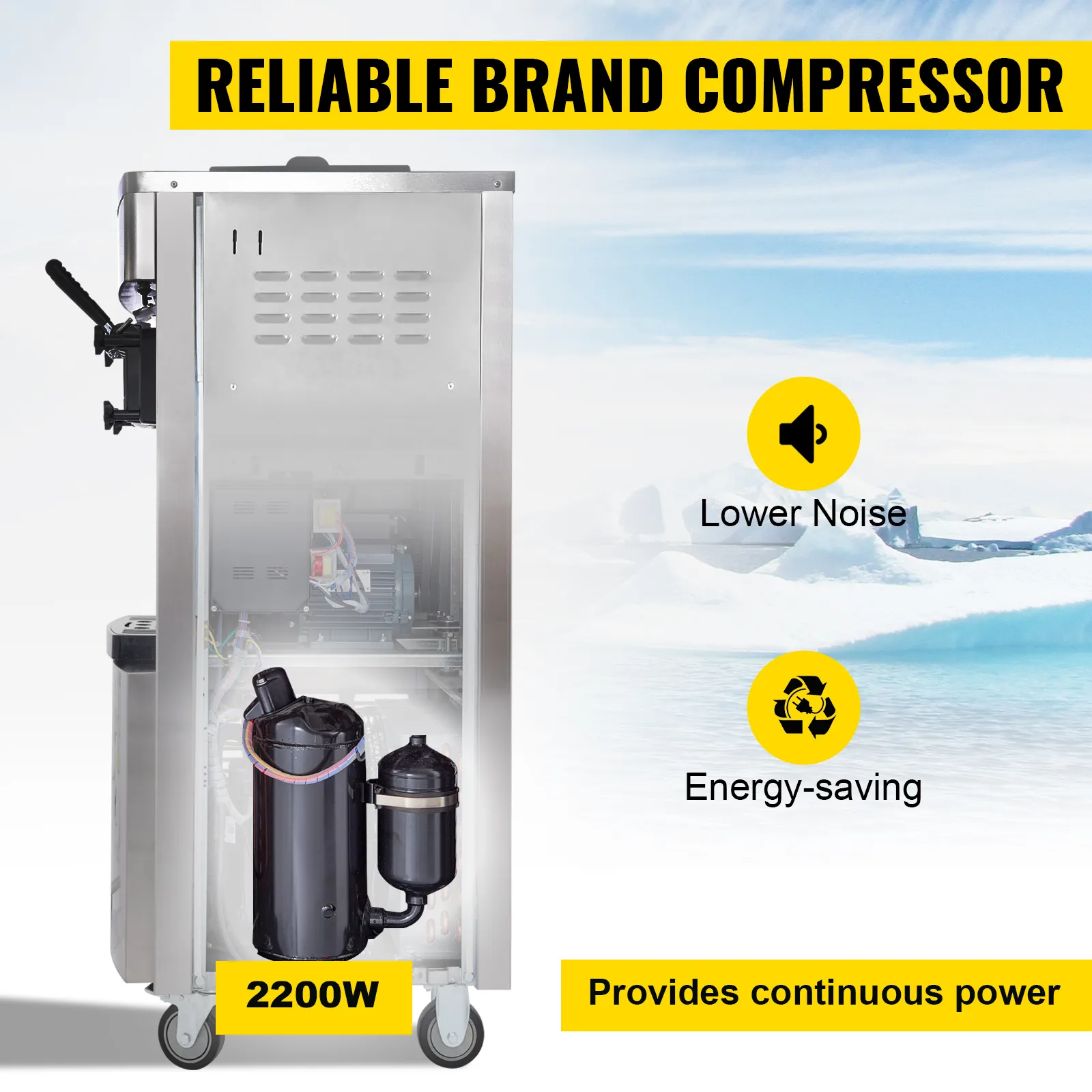 VEVOR soft ice cream machine with reliable brand compressor, lower noise, 2200w power
