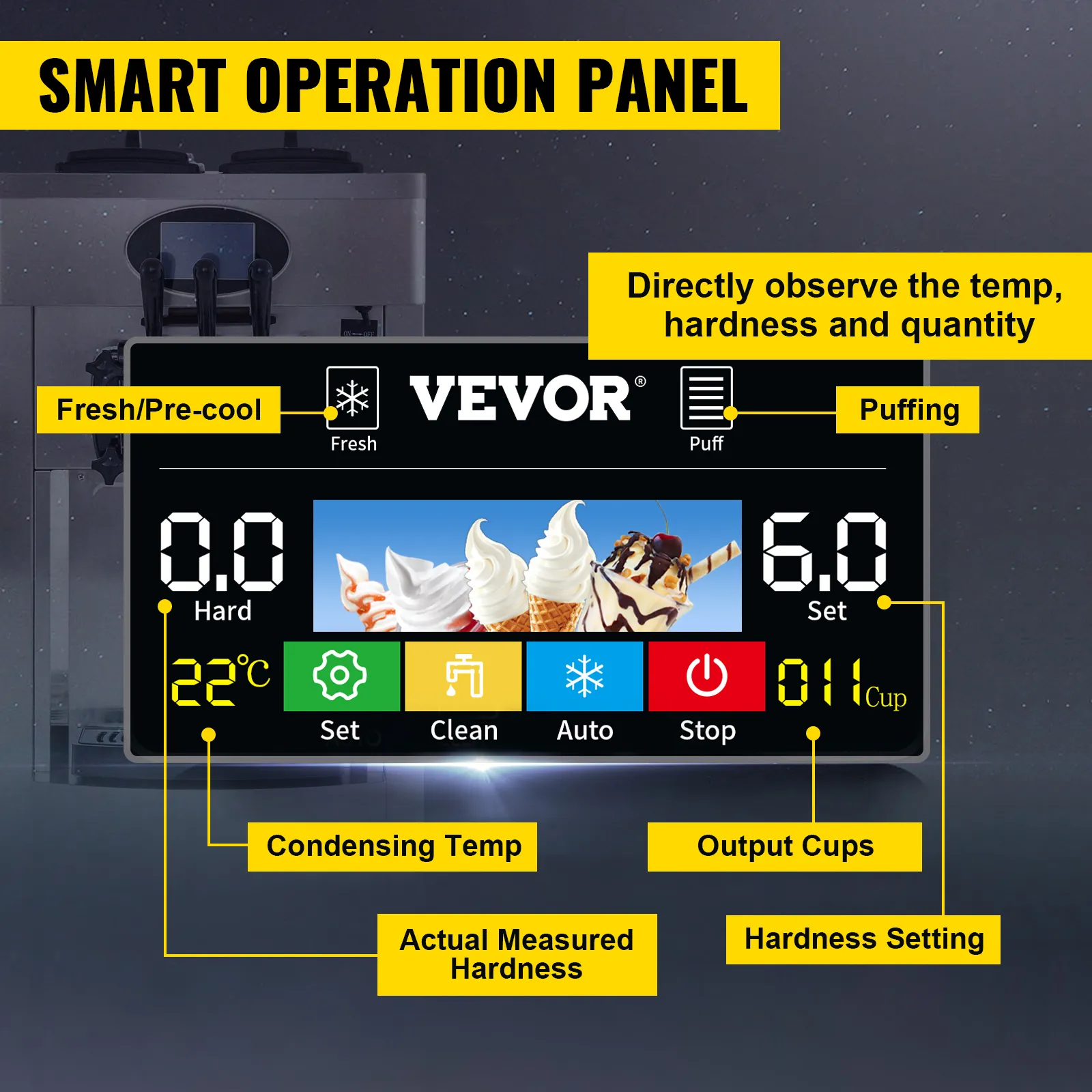 VEVOR soft ice cream machine featuring a smart operation panel with various controls.