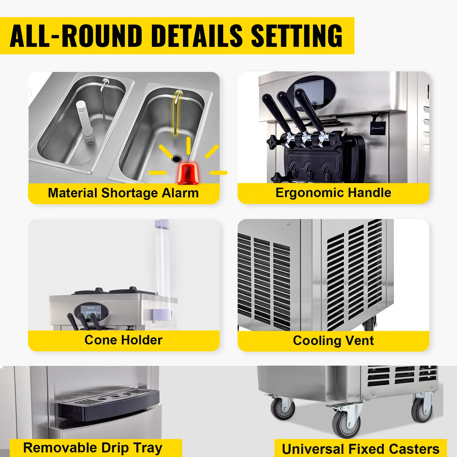 VEVOR soft ice cream machine: material alarm, ergonomic handle, cone holder, cooling vent.