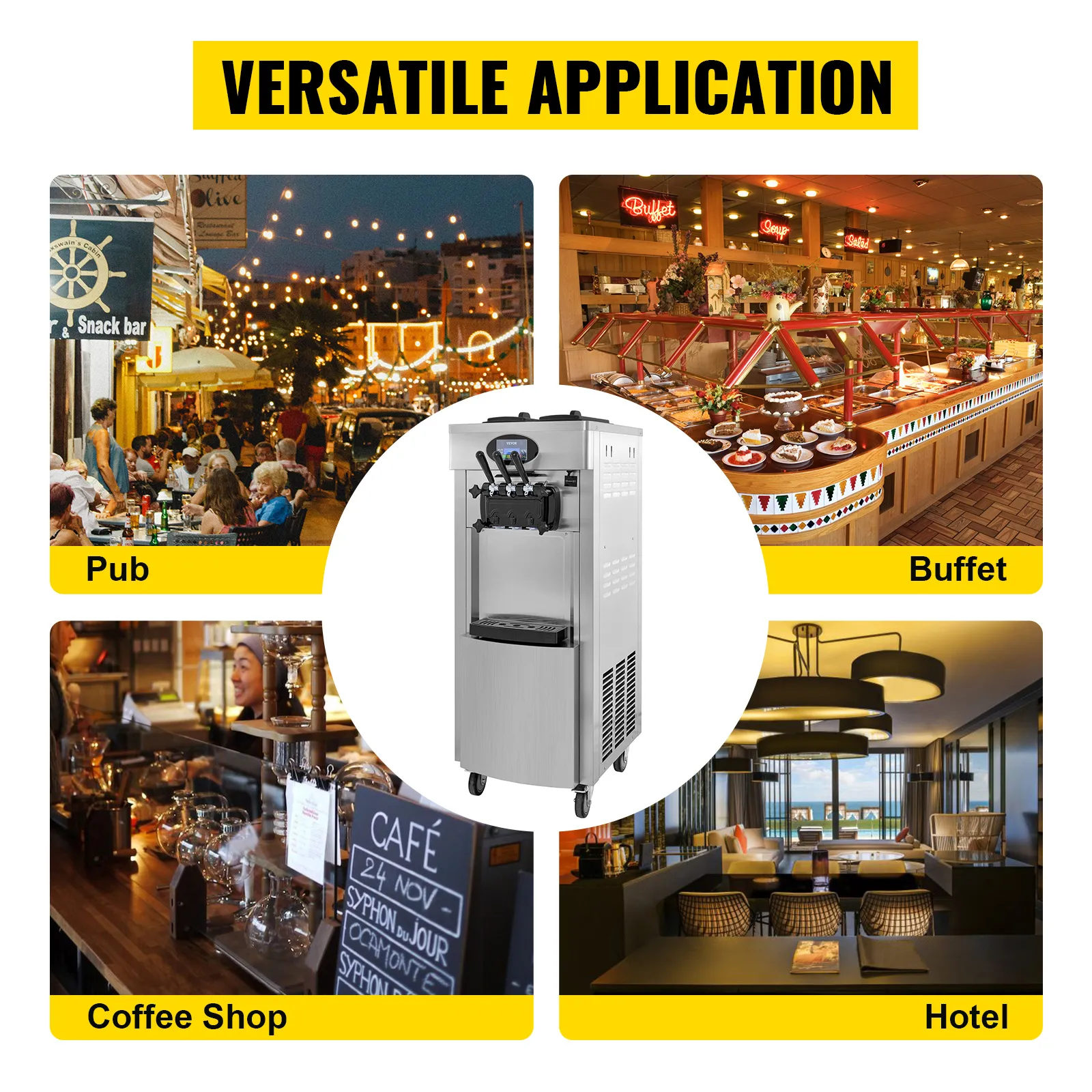 VEVOR soft ice cream machine with versatile application in pub, buffet, coffee shop, hotel.