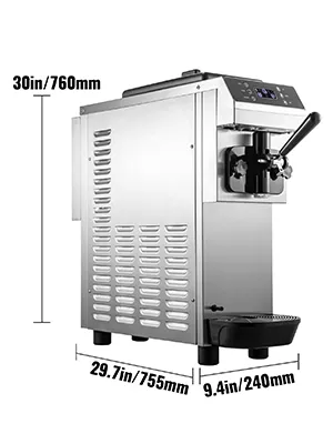 Máquina de helado suave VEVOR de acero inoxidable, 29,7 pulgadas de ancho, 30 pulgadas de alto, vista lateral.