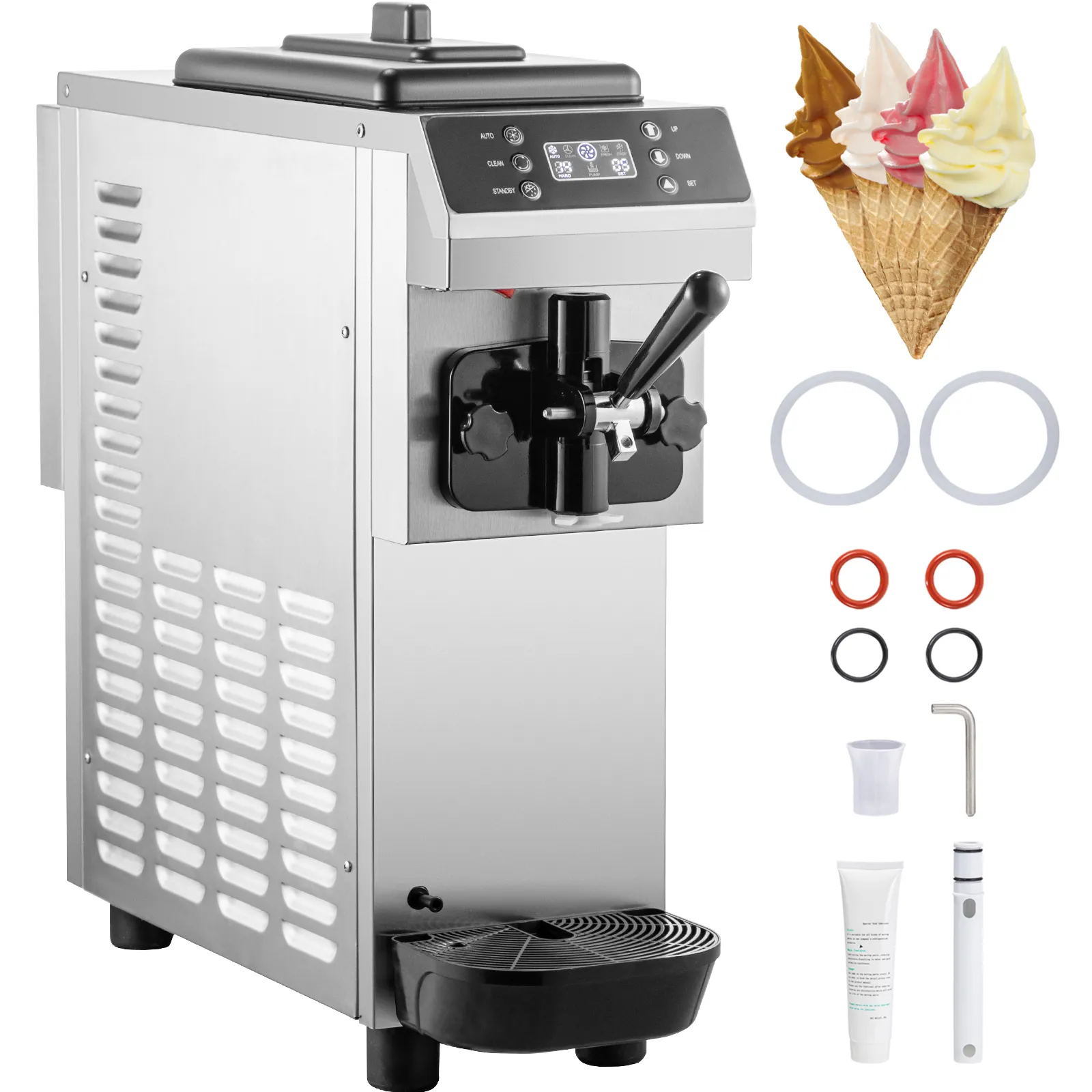 Máquina de helado suave VEVOR con conos de sabores mixtos y accesorios en exhibición.