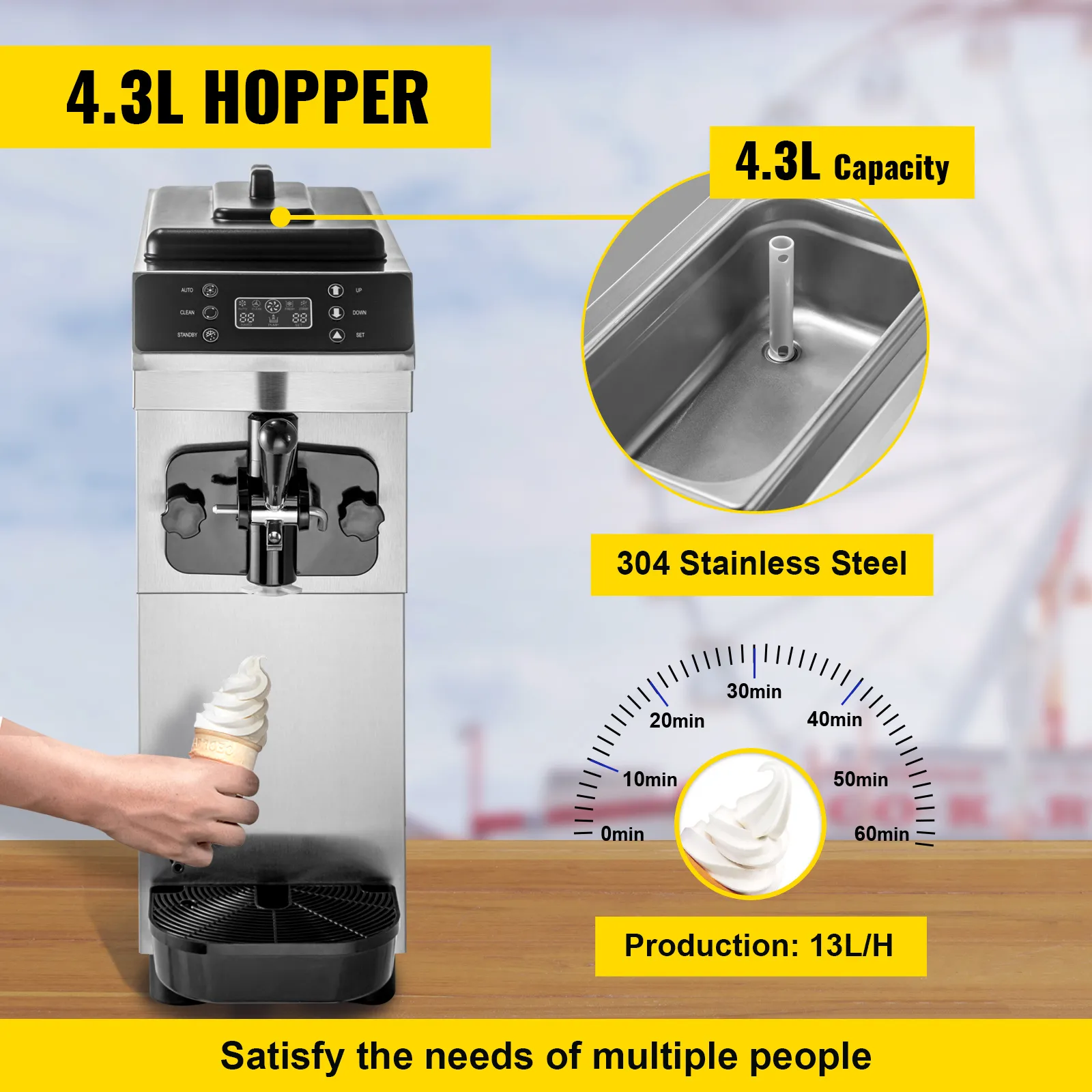 Máquina de helado suave VEVOR con tolva de 4,3l, acero inoxidable 304, producción de 13l/h.