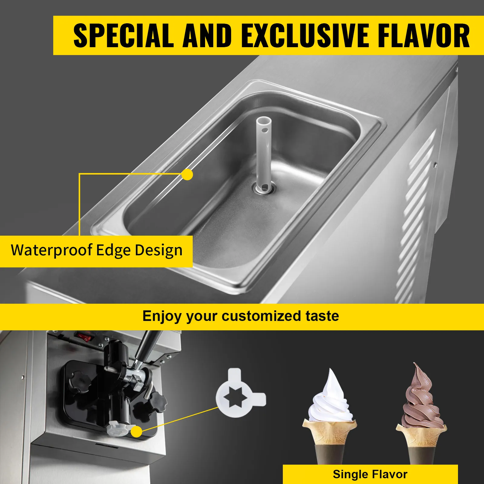 Máquina de helado suave VEVOR con diseño de borde impermeable y opción de un solo sabor