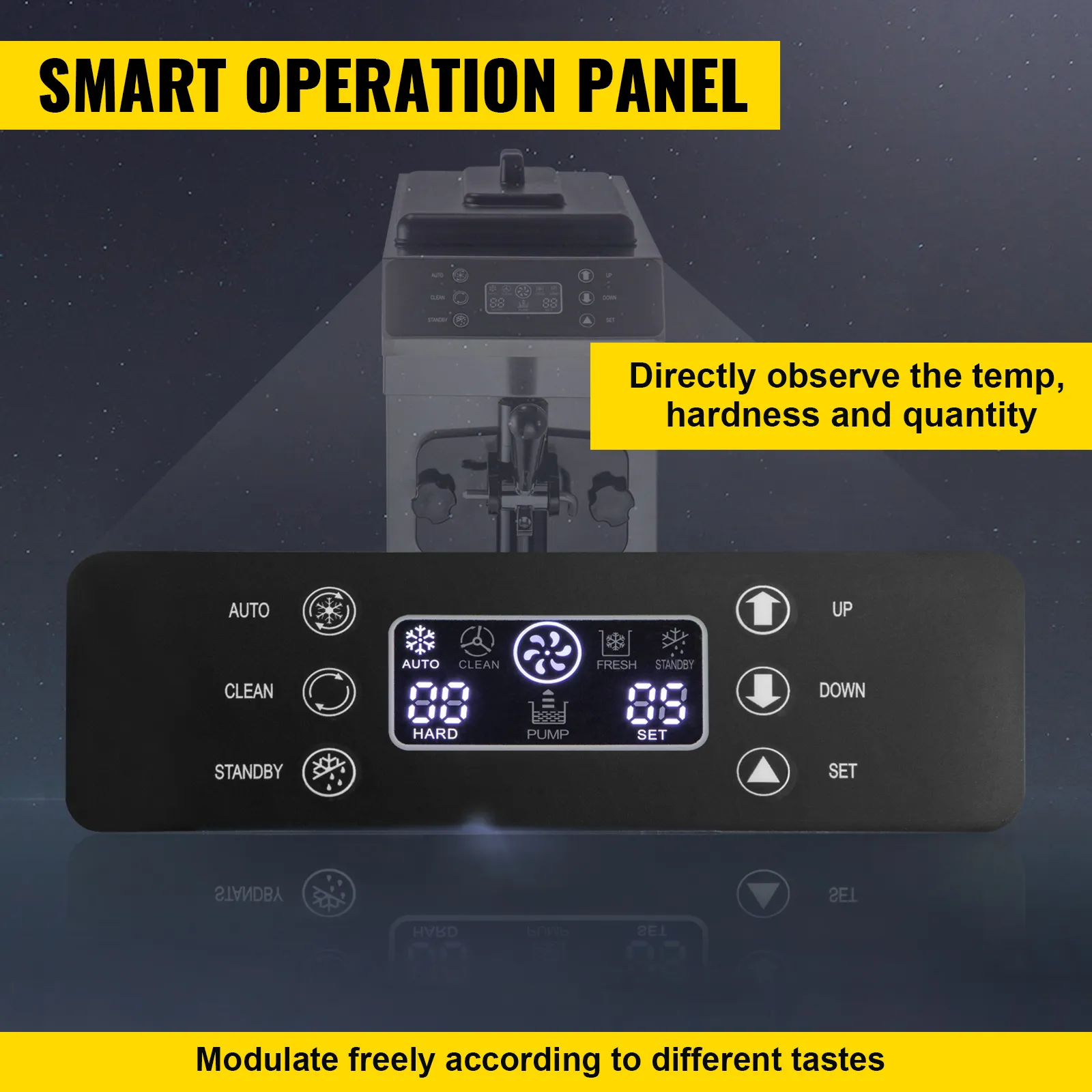 Panel de operación inteligente de la máquina de helado suave VEVOR que muestra la temperatura, la dureza y la cantidad.