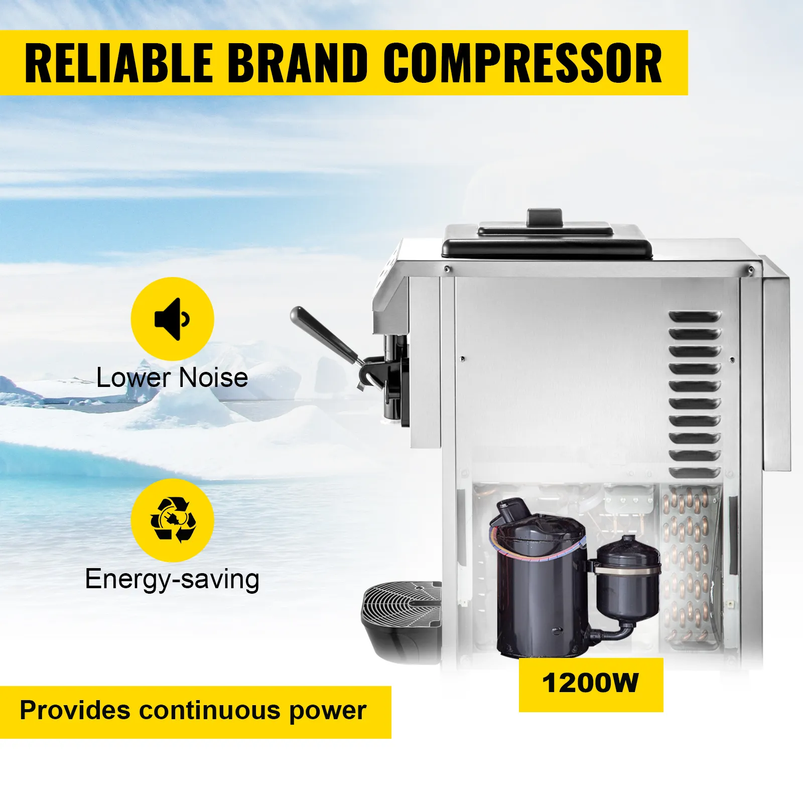 Compresor de marca confiable en la máquina de helado suave VEVOR, menor ruido, ahorro de energía 1200w.
