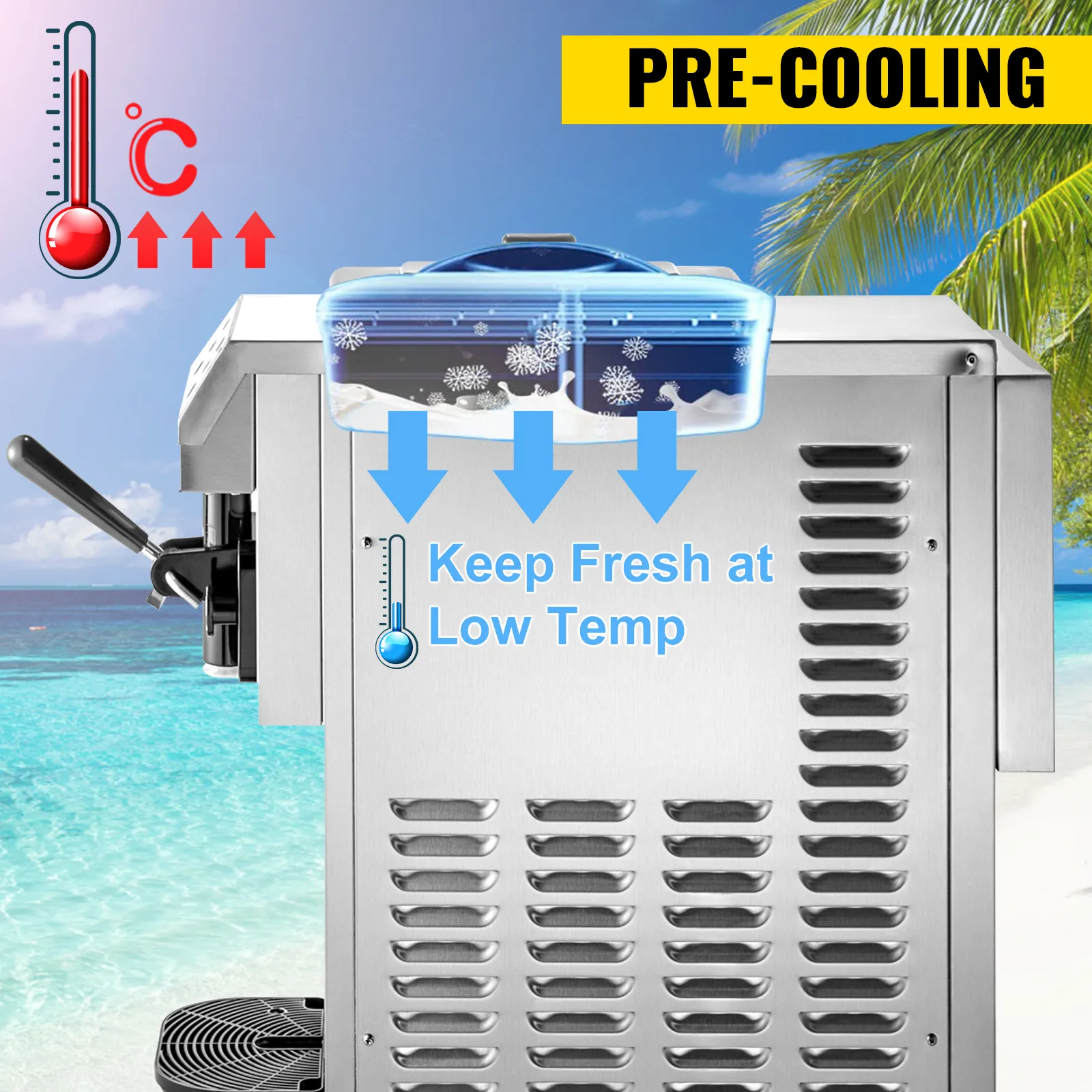 Máquina de helado suave VEVOR con preenfriamiento, manteniéndolo fresco a baja temperatura.