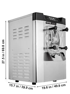 Máquina de helado VEVOR con cuerpo de acero inoxidable y panel de control. Dimensiones mostradas.