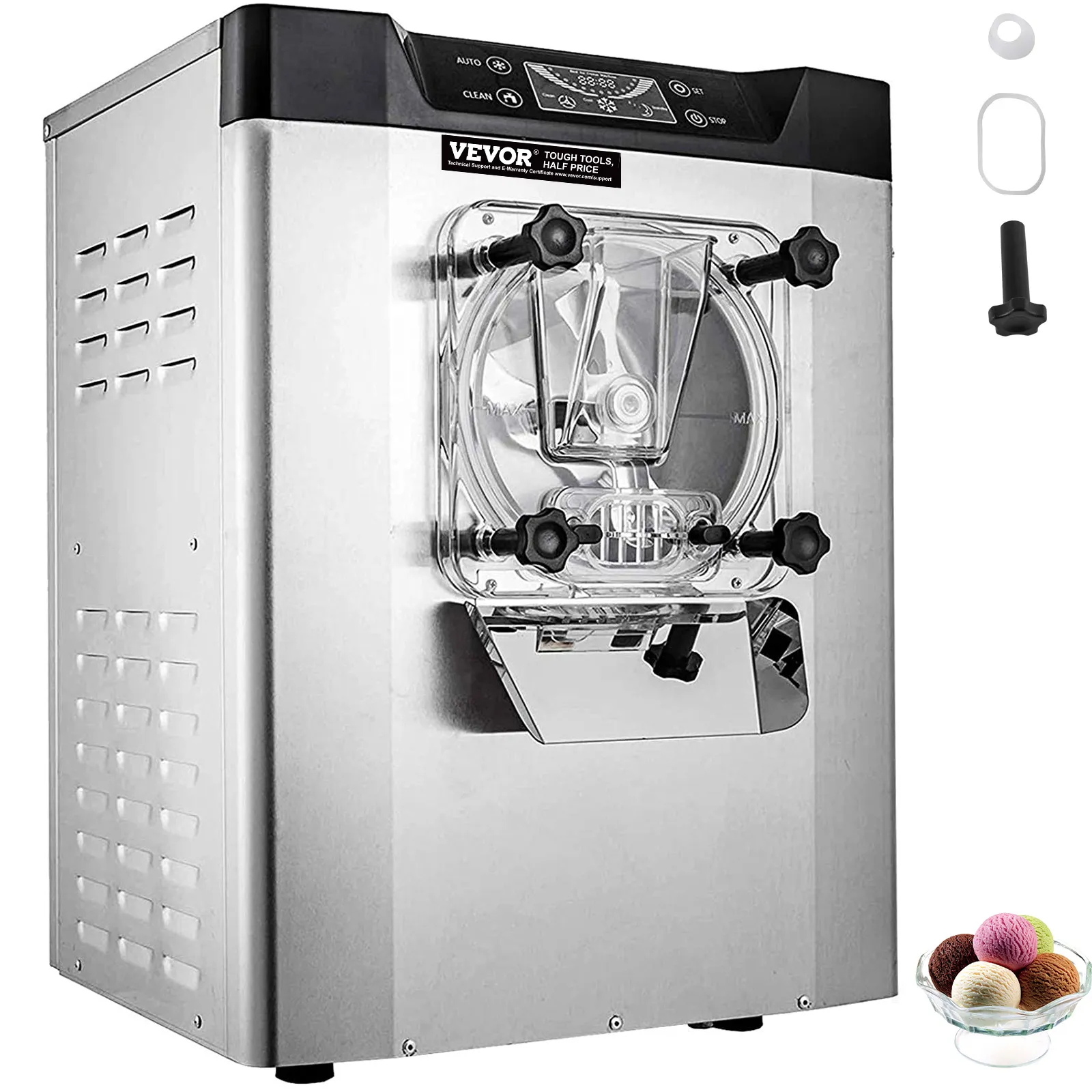 Máquina de helado VEVOR de acero inoxidable con panel de control y accesorios.