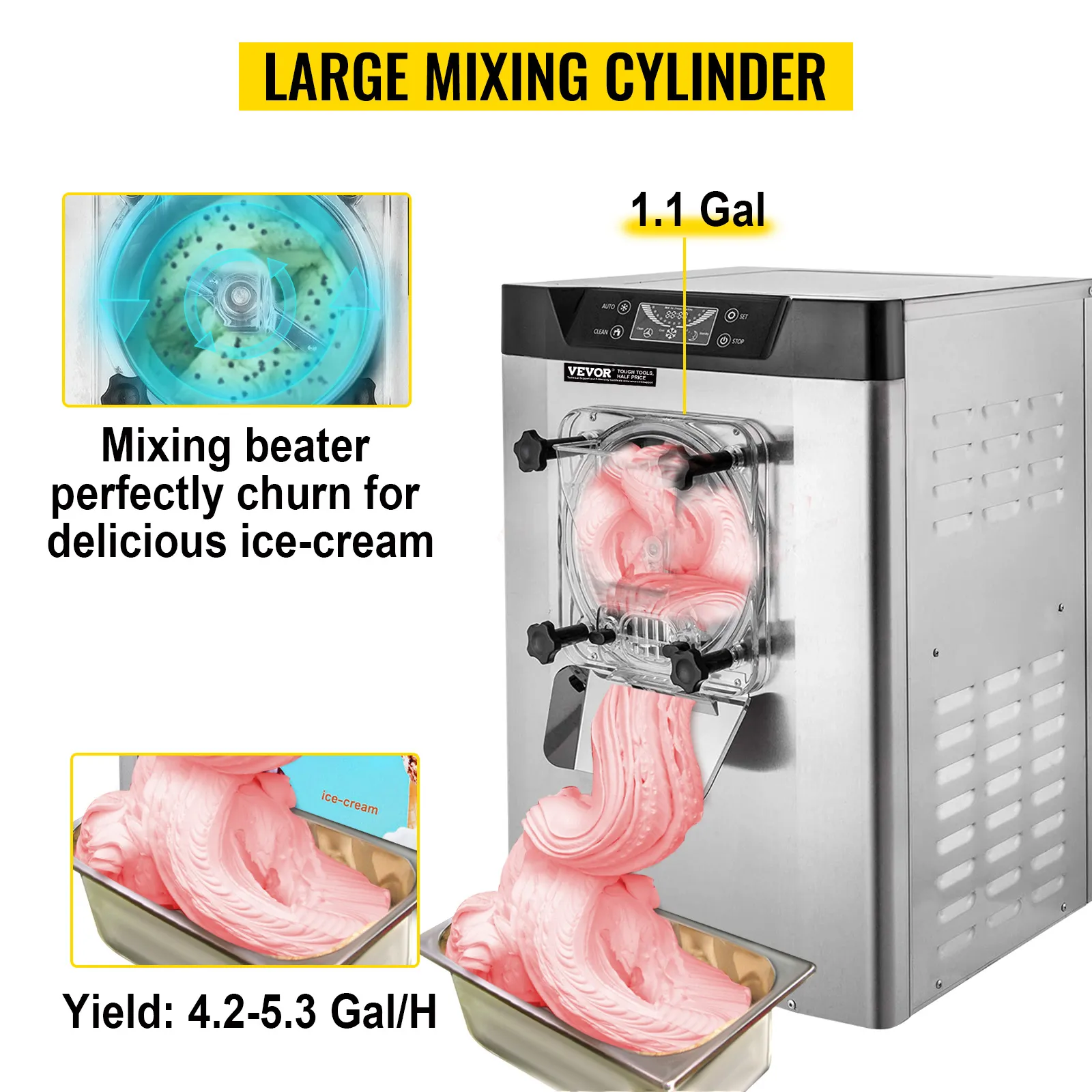 Máquina de helado VEVOR con cilindro mezclador grande y rendimiento de 4,2 a 5,3 gal/h.