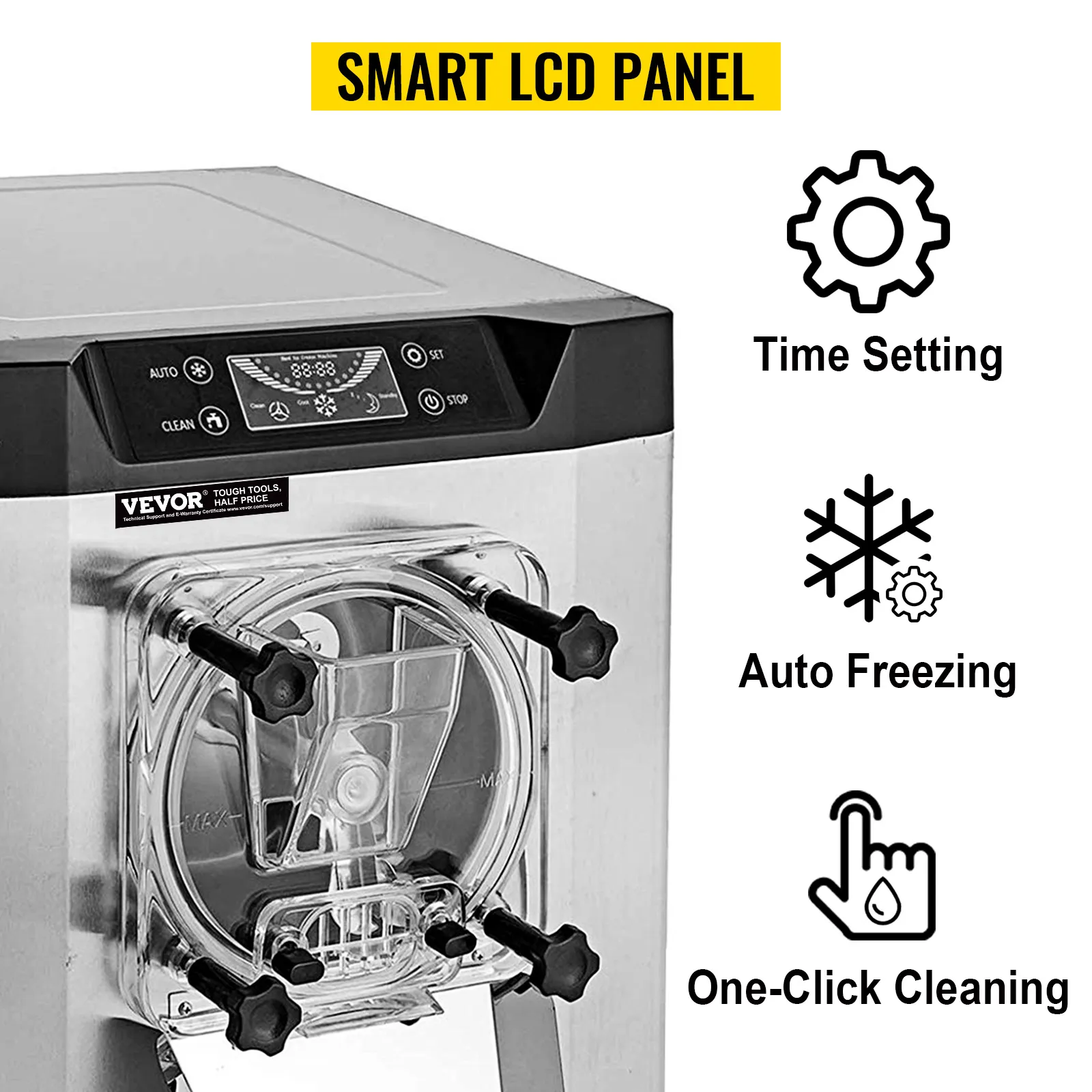 Máquina de helado VEVOR con panel LCD inteligente, configuración de tiempo, congelación automática y limpieza con un solo clic.