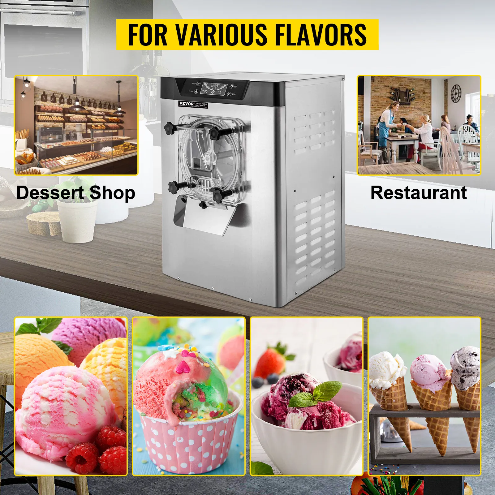 Máquina de helados VEVOR para pastelerías y restaurantes con opciones de helados coloridos.
