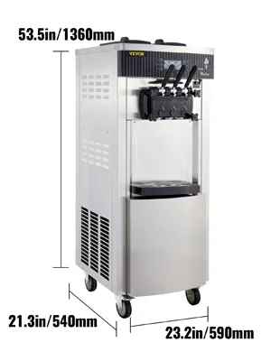 Máquina de helado VEVOR, dimensiones: 53,5 pulgadas/1360 mm de alto, 23,2 pulgadas/590 mm de ancho, 21,3 pulgadas/540 mm de profundidad.