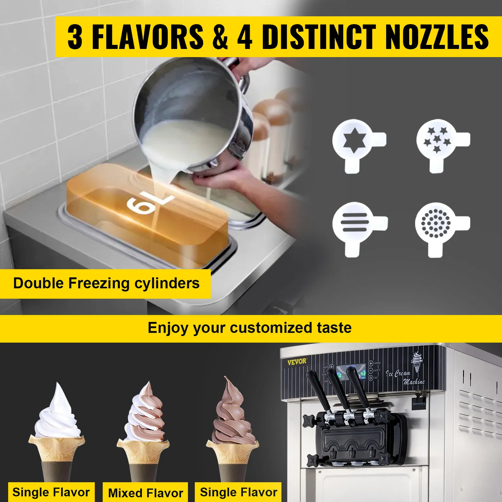 Máquina de helados VEVOR con 3 sabores, 4 boquillas, cilindros de congelación dobles.